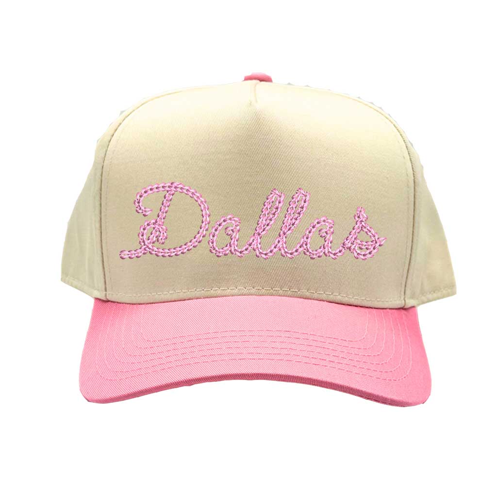 Spring 5 panel hat that has Dallas embroidered in a chain stitch. The hats is Natural Crown with Pink bill for Spring Fashion - DSY Lifestyle