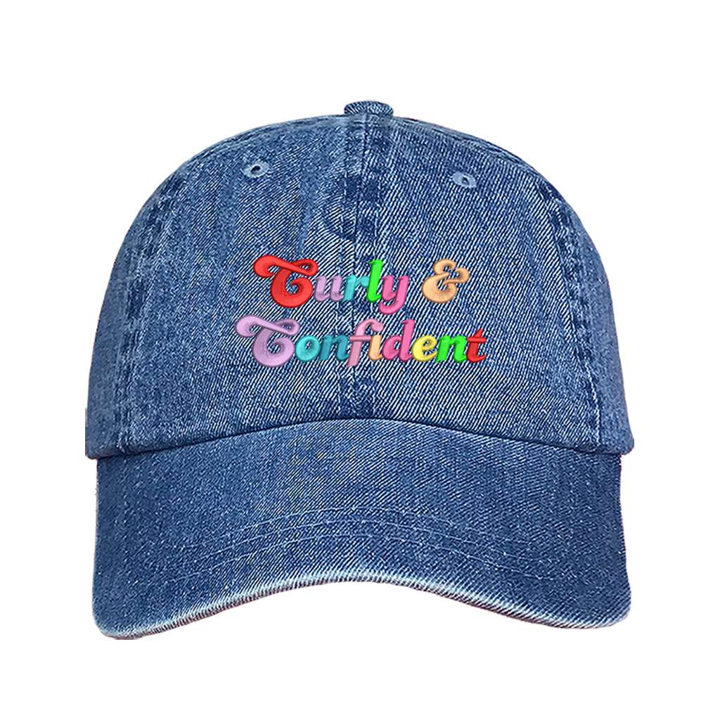 Light Denim baseball hat embroidered with the phrase curly & confident-DSY Lifestyle