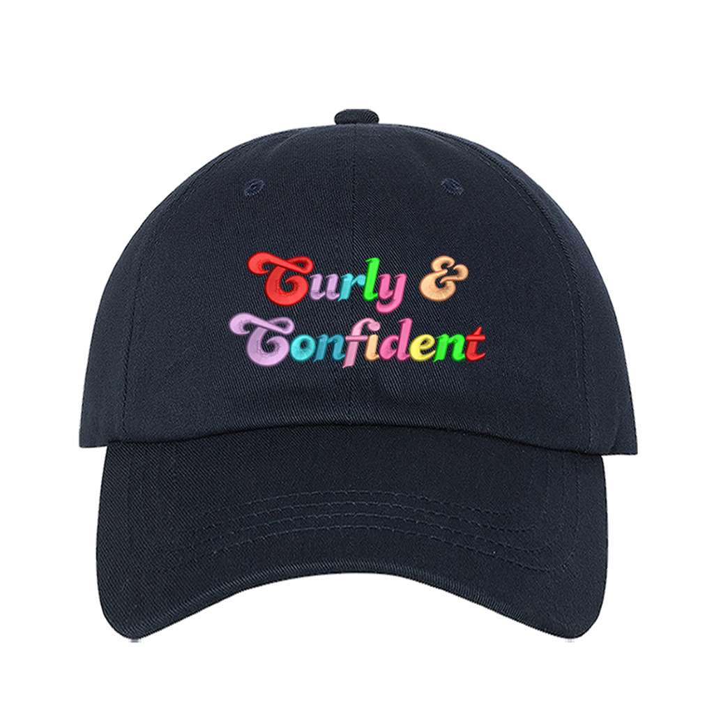 Navy baseball hat embroidered with the phrase curly & confident-DSY Lifestyle
