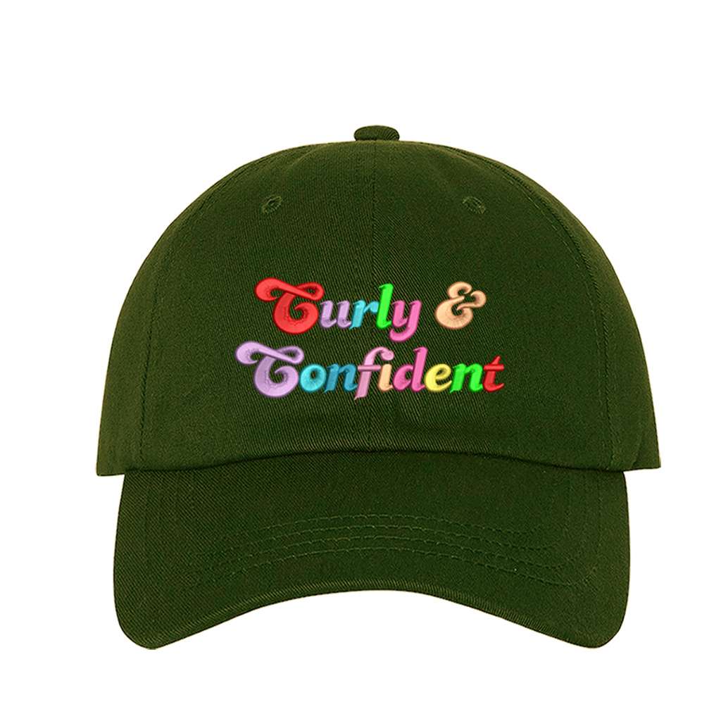 Olive baseball hat embroidered with the phrase curly & confident-DSY Lifestyle