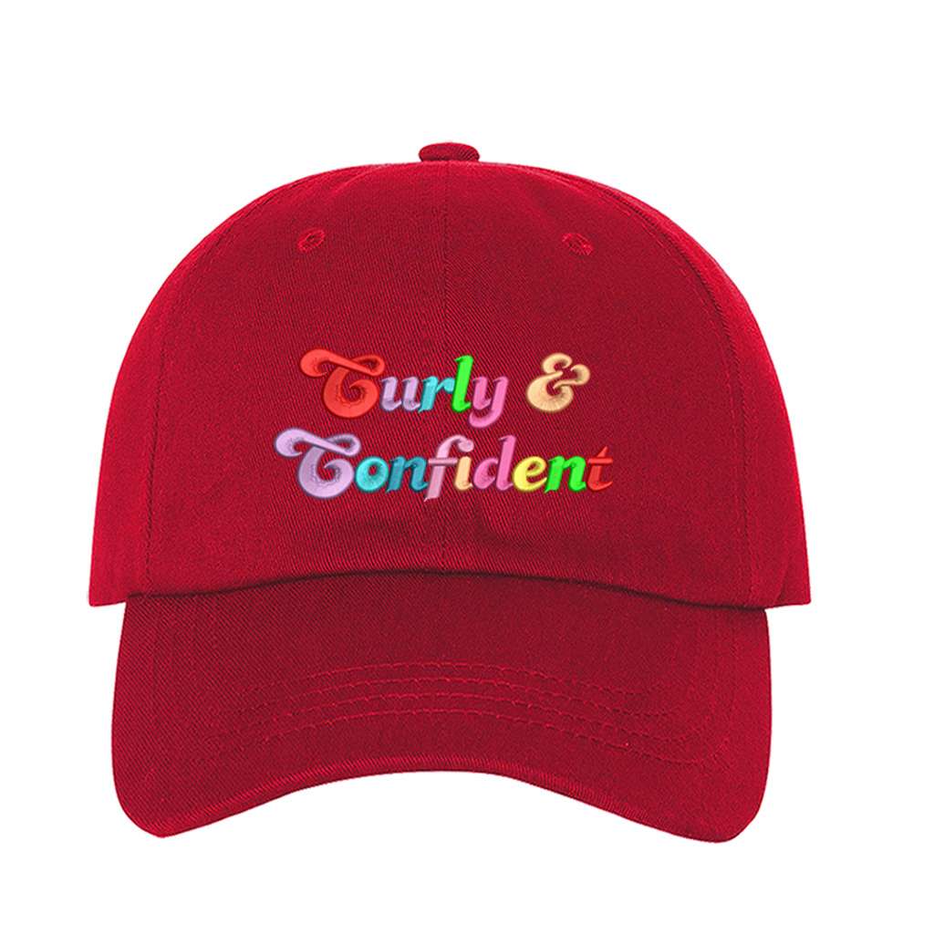 Red baseball hat embroidered with the phrase curly & confident-DSY Lifestyle