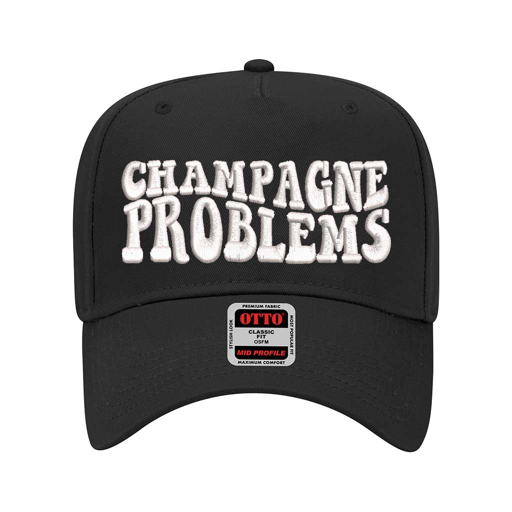 Black solid 5 panel baseball hat embroidered with champagne problems-DSY Lifestyle