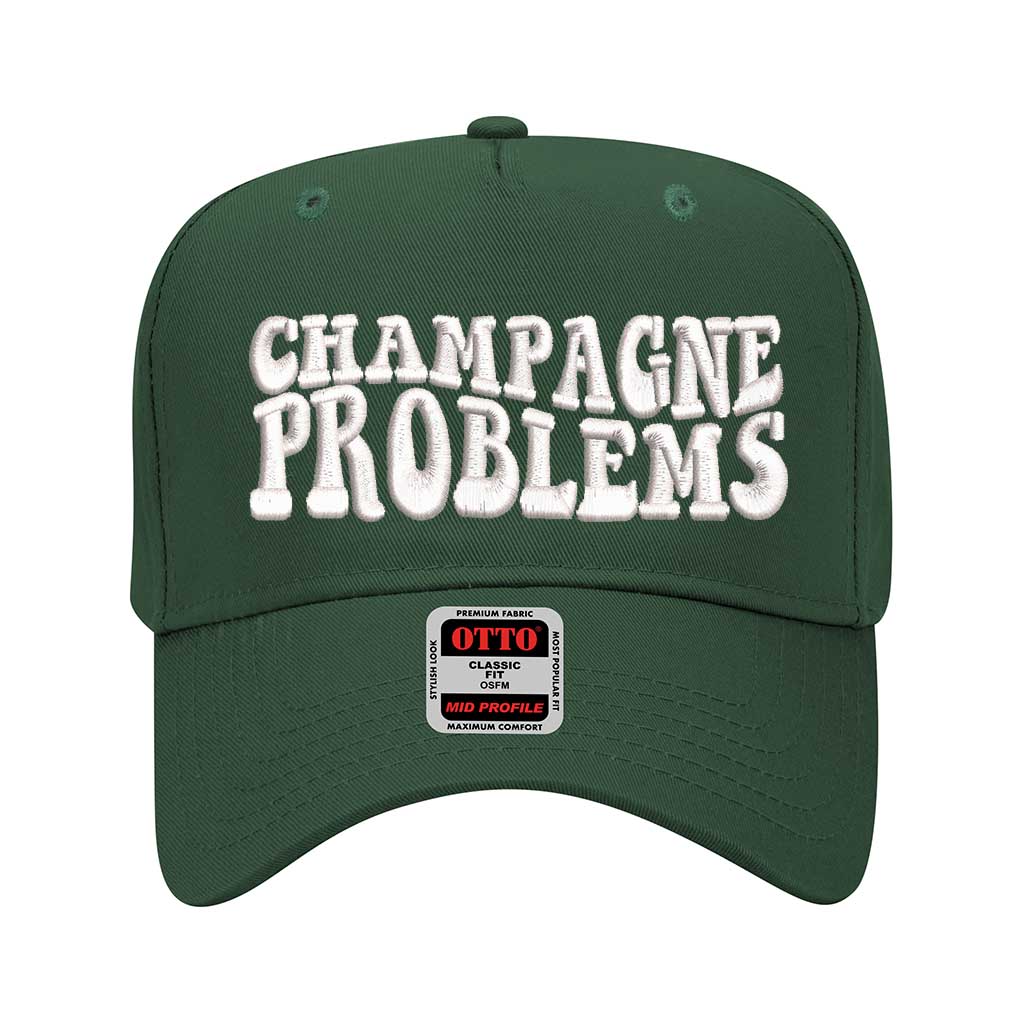 Forest Green solid 5 panel baseball hat embroidered with champagne problems-DSY Lifestyle