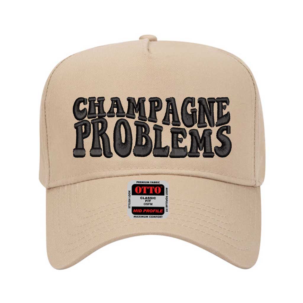 Khaki solid 5 panel baseball hat embroidered with champagne problems-DSY Lifestyle