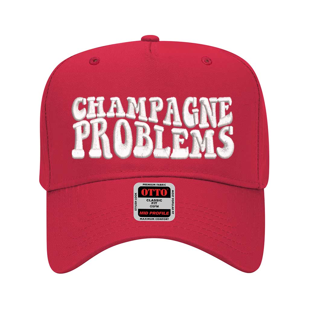 Red solid 5 panel baseball hat embroidered with champagne problems-DSY Lifestyle