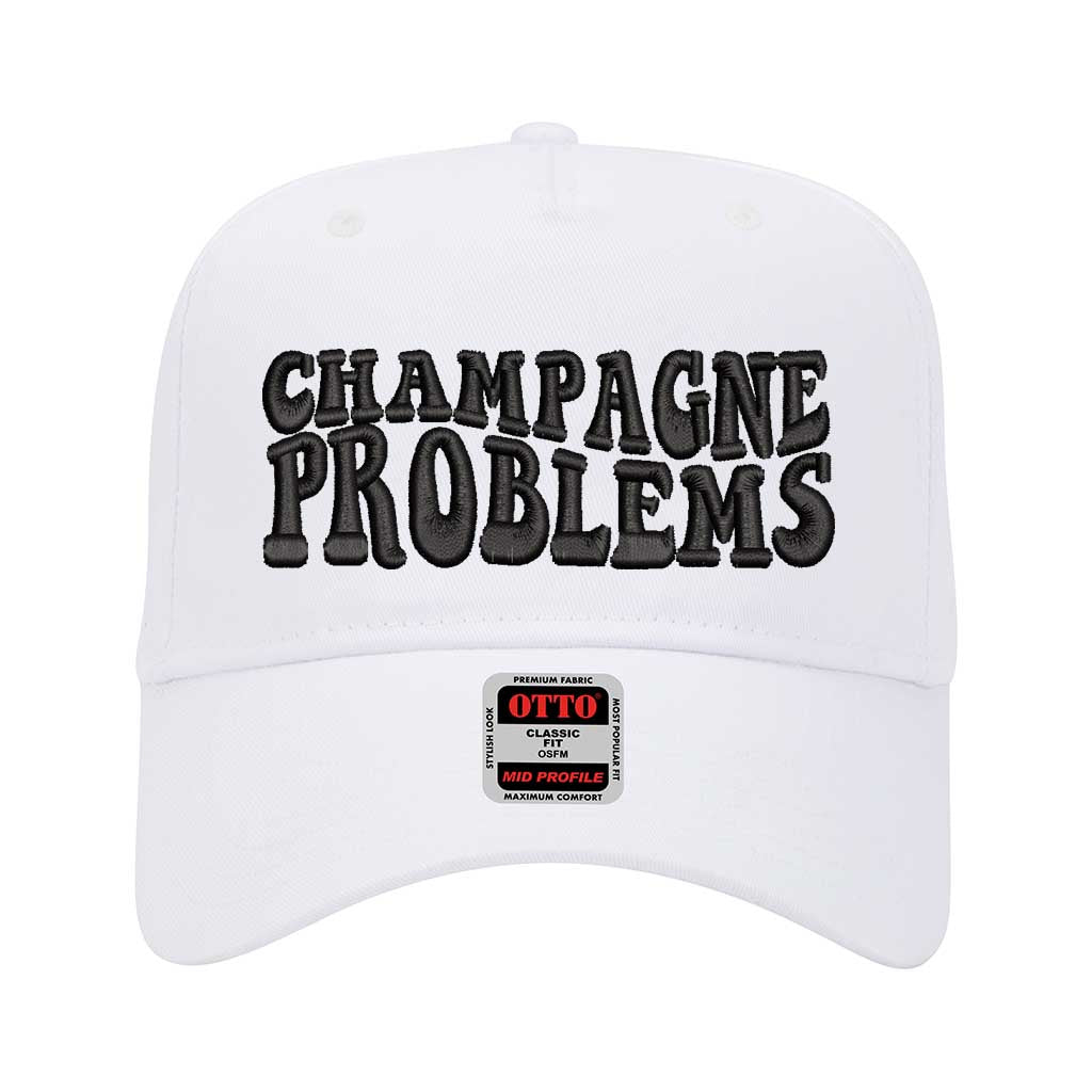 White solid 5 panel baseball hat embroidered with champagne problems-DSY Lifestyle