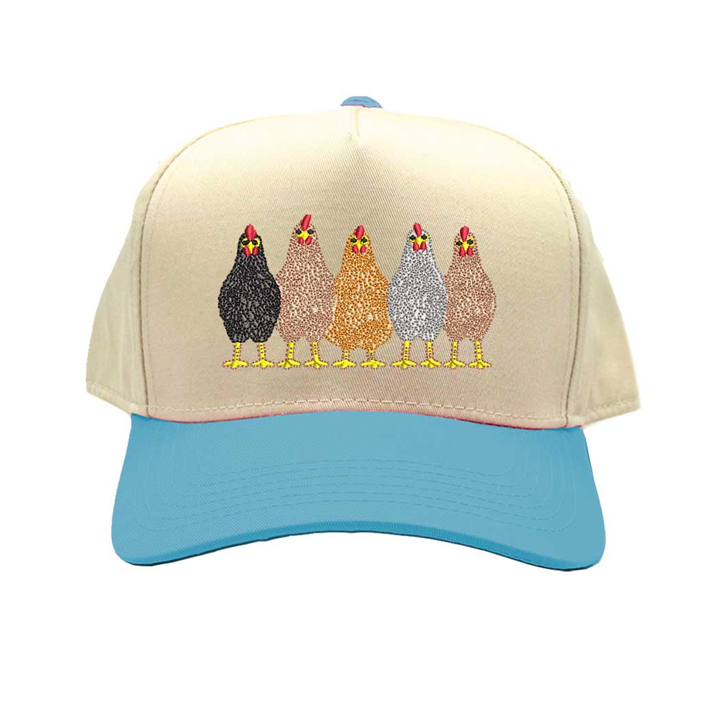 Natural Aqua DSY Lifestyle two-tone baseball hat with a natural-colored crown and contrasting bill, featuring an embroidered graphic of a mother hen and three small chicks. - DSY Lifestyle