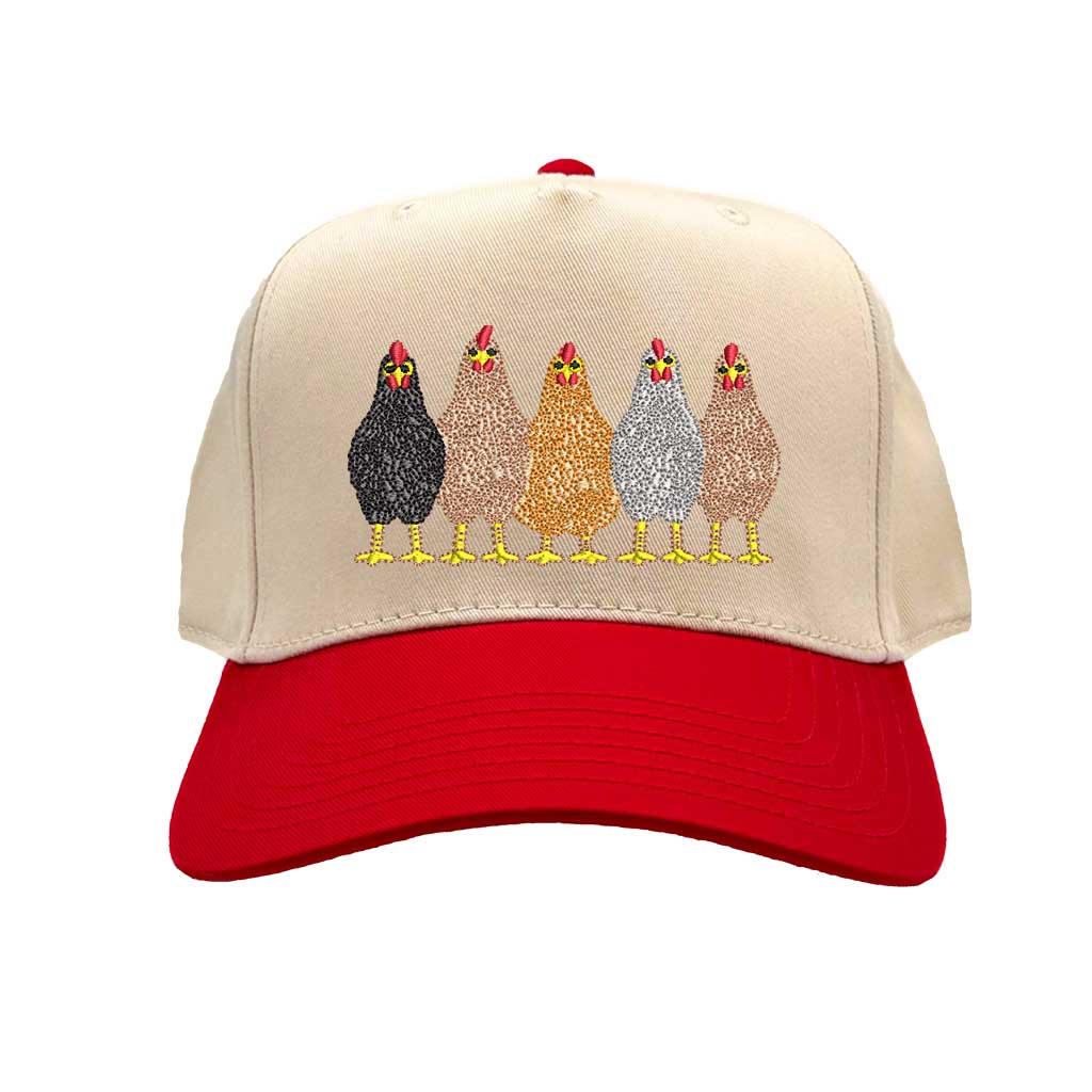 Natural Red DSY Lifestyle two-tone baseball hat with a natural-colored crown and contrasting bill, featuring an embroidered graphic of a mother hen and three small chicks. - DSY Lifestyle