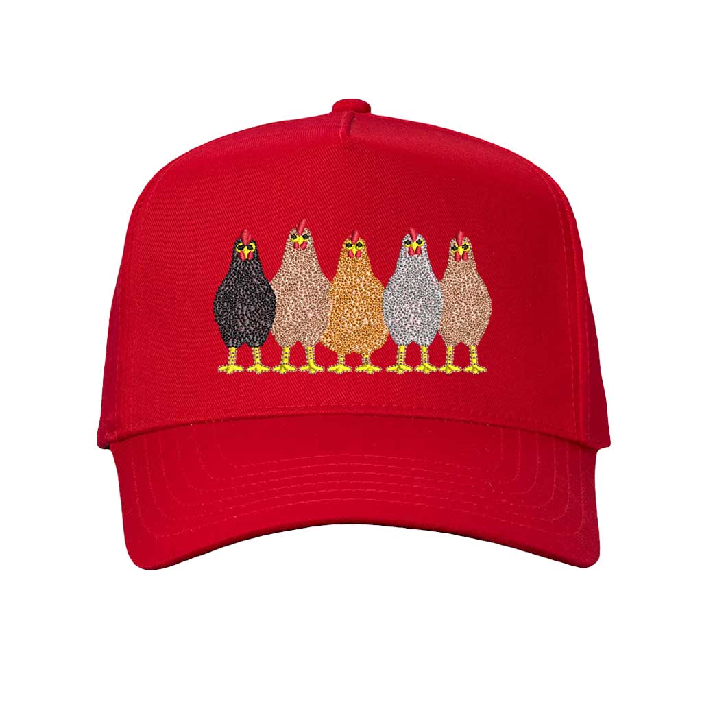 Solid Red DSY Lifestyle 5-panel baseball hat, featuring an embroidered graphic of a mother hen and three small chicks. - DSY Lifestyle