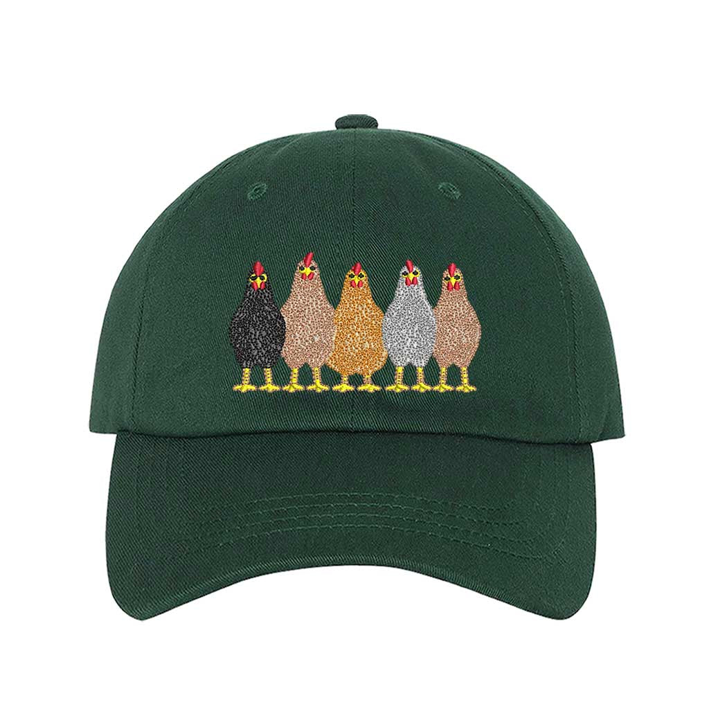 Forest Green premium DSY Lifestyle cotton baseball hat featuring a detailed embroidered graphic of a mother hen followed by a family of small chicks. - DSY Lifestyle
