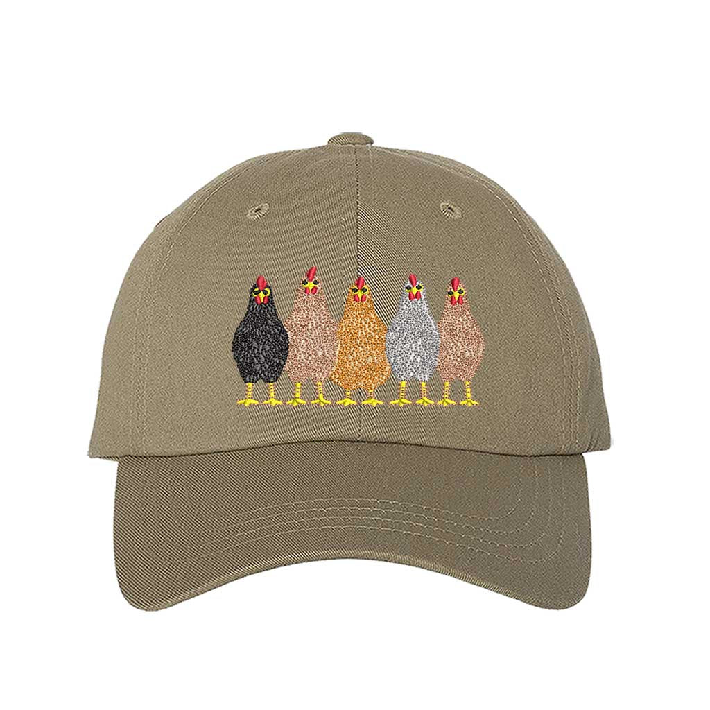Khaki premium DSY Lifestyle cotton baseball hat featuring a detailed embroidered graphic of a mother hen followed by a family of small chicks. - DSY Lifestyle