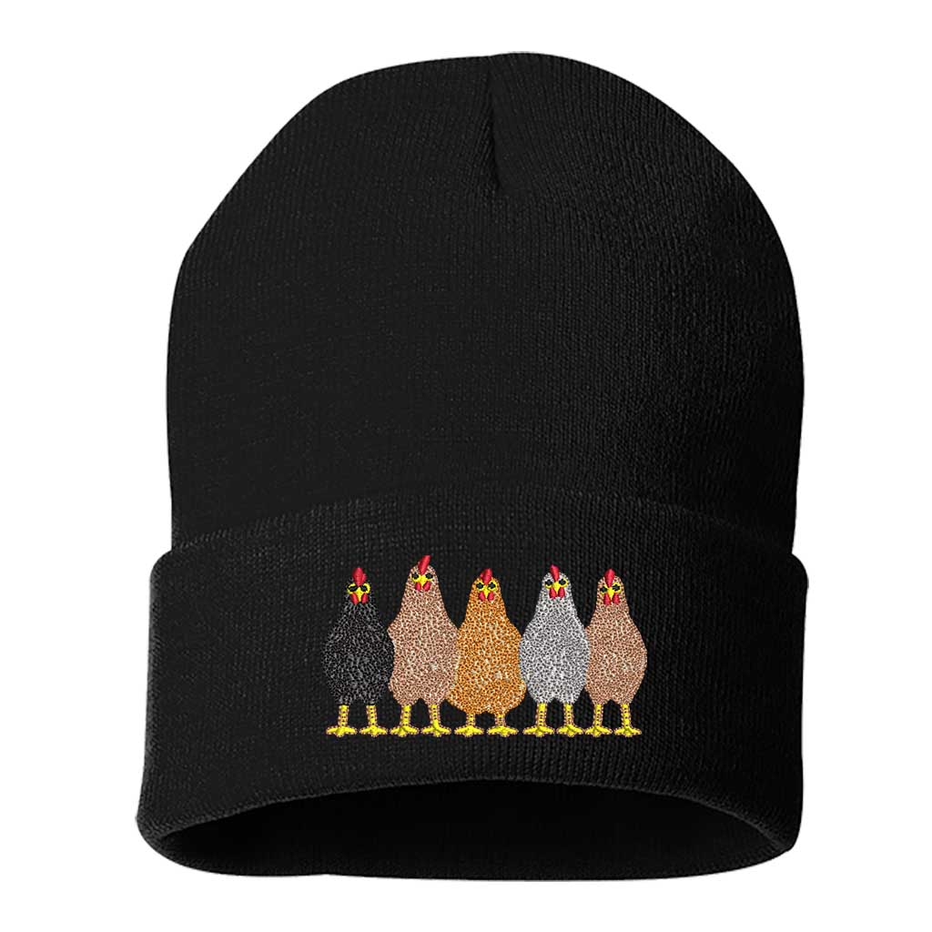 Black DSY Lifestyle ribbed knit beanie hat featuring an embroidered graphic of a mother hen and her chicks on the front cuff. - DSY Lifestyle