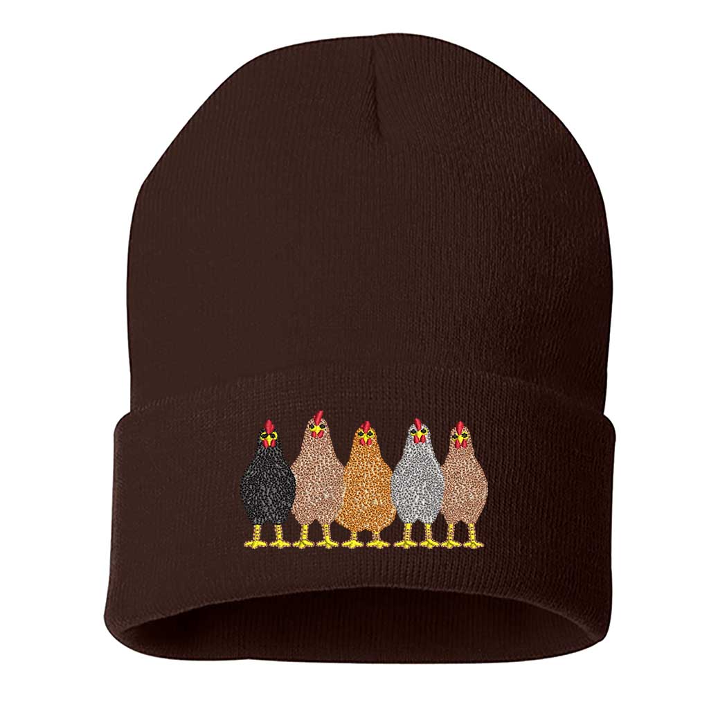 Brown DSY Lifestyle ribbed knit beanie hat featuring an embroidered graphic of a mother hen and her chicks on the front cuff. - DSY Lifestyle
