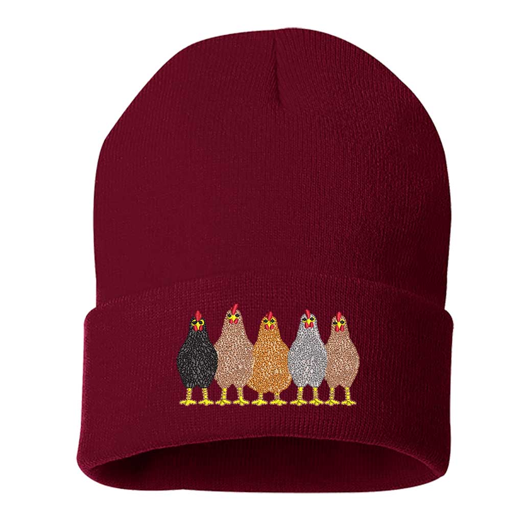 Burgundy DSY Lifestyle ribbed knit beanie hat featuring an embroidered graphic of a mother hen and her chicks on the front cuff. - DSY Lifestyle