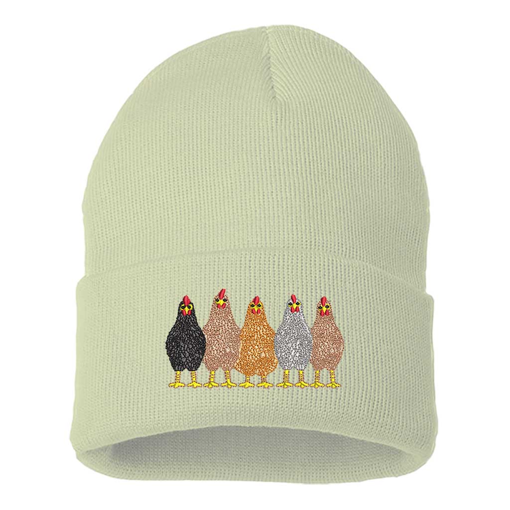 Cream DSY Lifestyle ribbed knit beanie hat featuring an embroidered graphic of a mother hen and her chicks on the front cuff. - DSY Lifestyle