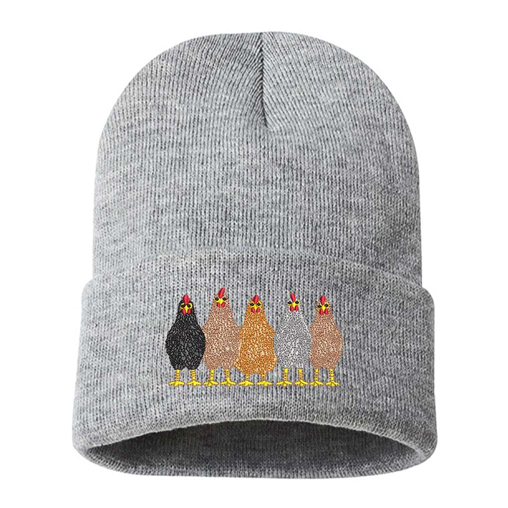 Heather Gray DSY Lifestyle ribbed knit beanie hat featuring an embroidered graphic of a mother hen and her chicks on the front cuff. - DSY Lifestyle