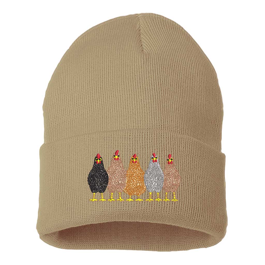 Khaki DSY Lifestyle ribbed knit beanie hat featuring an embroidered graphic of a mother hen and her chicks on the front cuff. - DSY Lifestyle