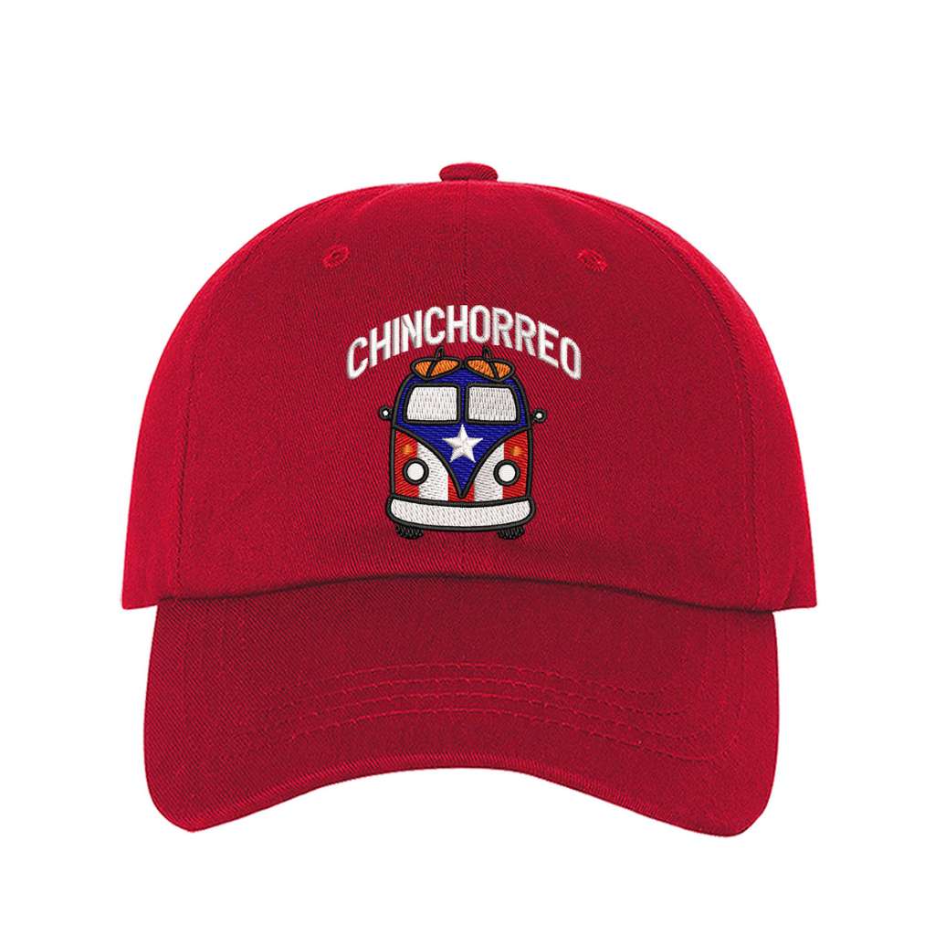 Red baseball hat embroidered with the phrase chinchorreo and a van with the puertorican flag on it- DSY Lifestyle