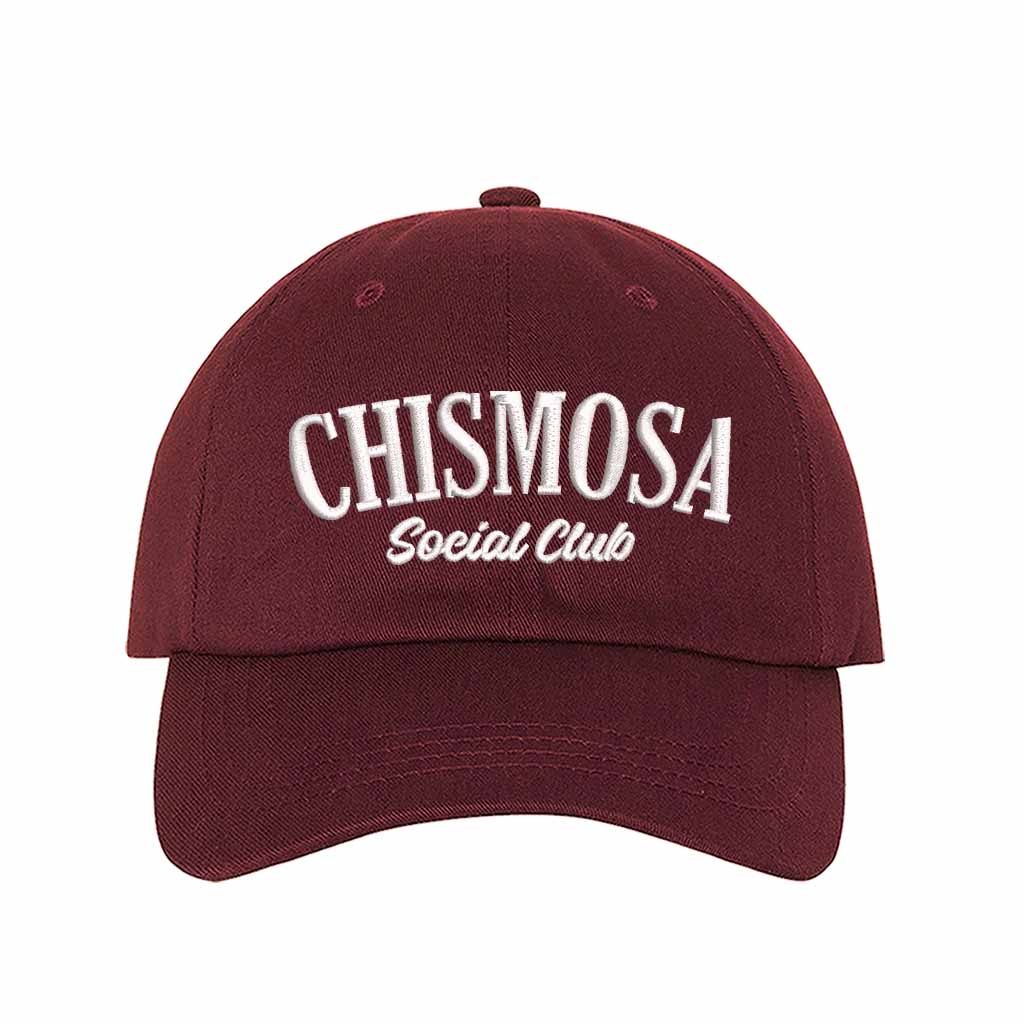 Burgundy Chismosa Social Club Embroidered Baseball Hat featuring bold embroidered text, curved brim, and adjustable strapback closure – DSY Lifestyle