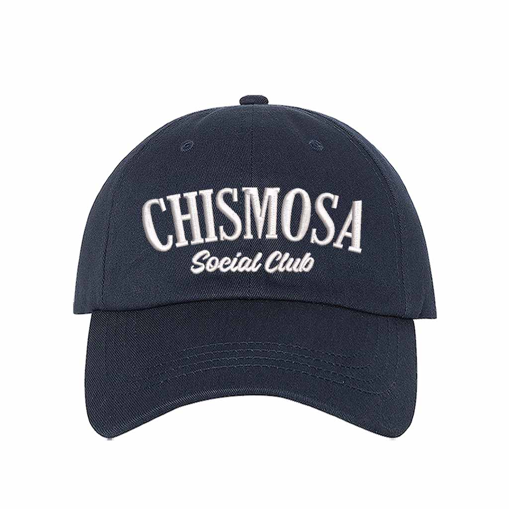 Navy Blue Chismosa Social Club Embroidered Baseball Hat featuring bold embroidered text, curved brim, and adjustable strapback closure – DSY Lifestyle
