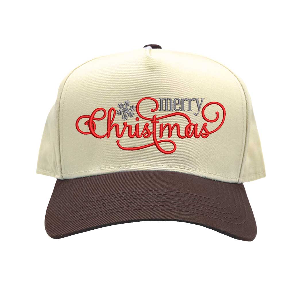 Natural Brown Merry Christmas Snowflake Two Tone 5-Panel Embroidered Baseball Hat with festive holiday embroidery and adjustable snapback closure – DSY Lifestyle