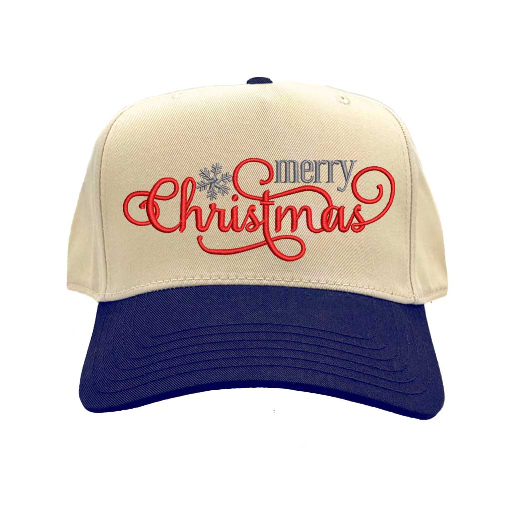 Natural Navy Blue Merry Christmas Snowflake Two Tone 5-Panel Embroidered Baseball Hat with festive holiday embroidery and adjustable snapback closure – DSY Lifestyle