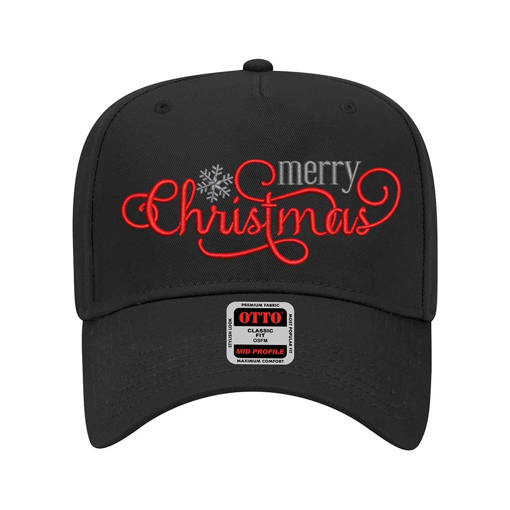 Solid Black Merry Christmas Snowflake 5-Panel Embroidered Baseball Hat with festive holiday embroidery and adjustable snapback closure – DSY Lifestyle