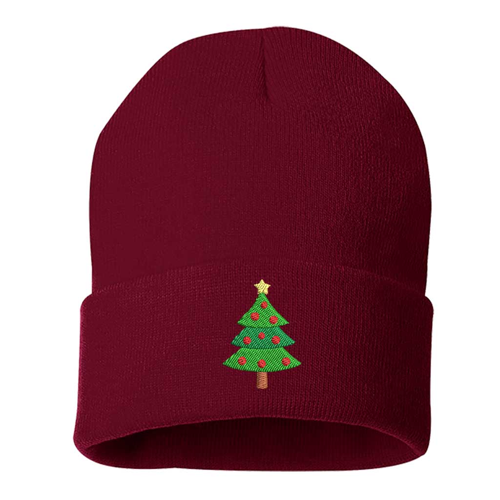 Burgundy Christmas Tree Embroidered Beanie Cap featuring soft knit material and festive Christmas tree embroidery – DSY Lifestyle