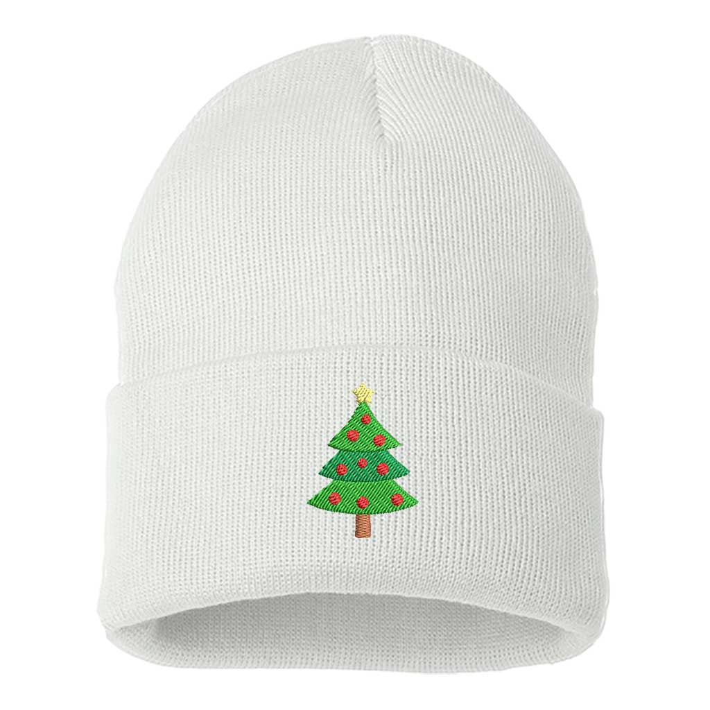 White Christmas Tree Embroidered Beanie Cap featuring soft knit material and festive Christmas tree embroidery – DSY Lifestyle