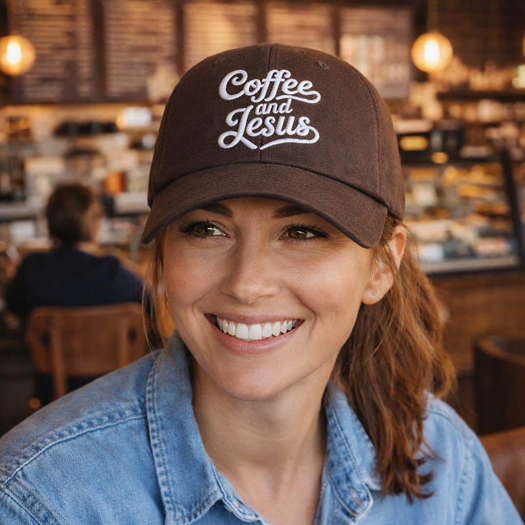 Female with warm smile sitting inside of coffee shop wearing Brown cotton baseball hat with the words Coffee and Jesus embroidered in a clean, professional font across the front. - DSY Lifestyle