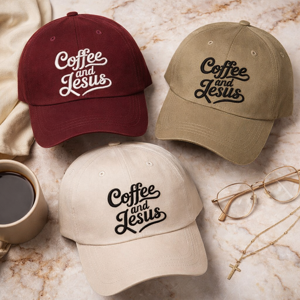 Flat lay of cotton baseball hats with the words Coffee and Jesus embroidered in a clean, professional font across the front. - DSY Lifestyle