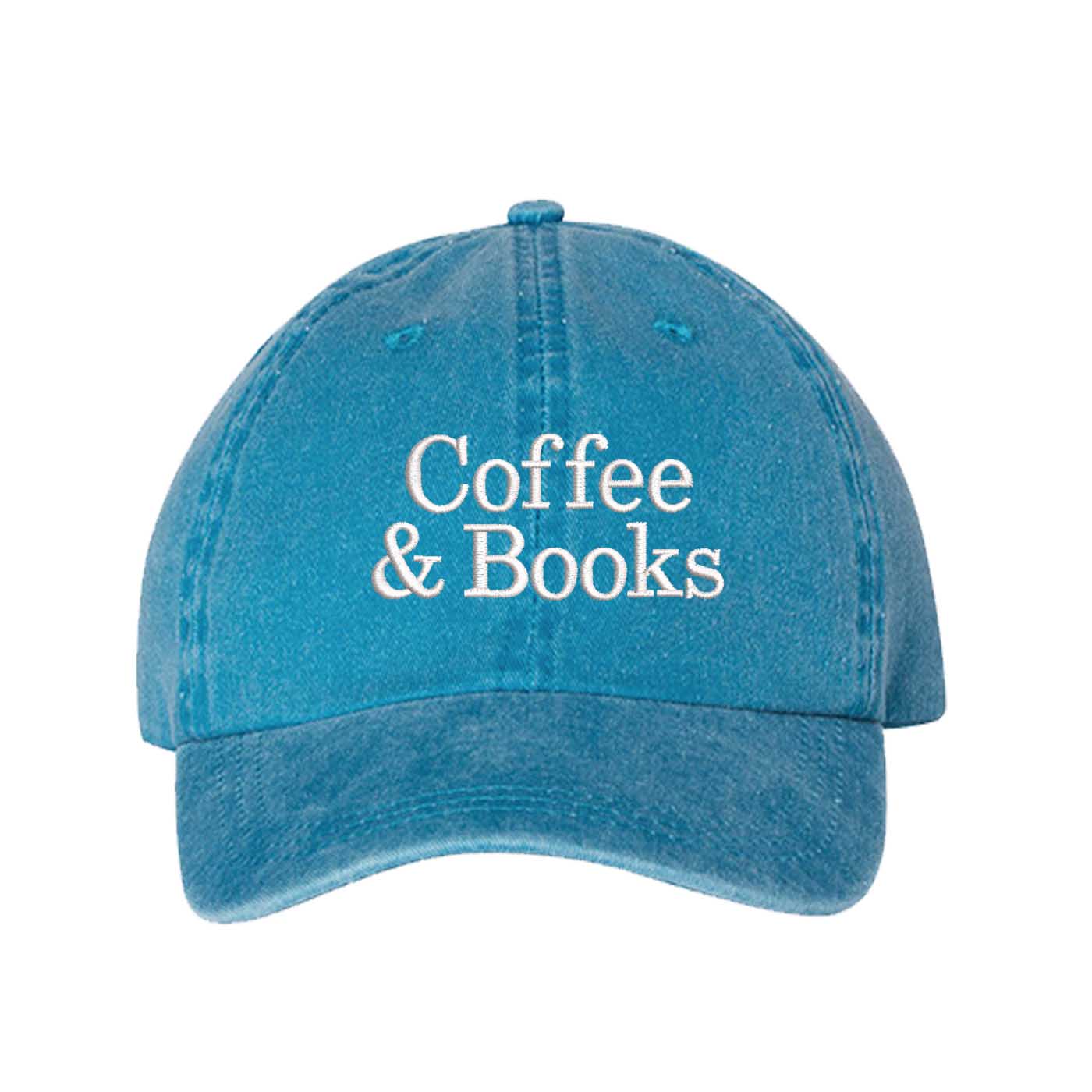 Turquoise Coffee and Books Washed Baseball Hat, a soft cotton statement cap made for Sunday mornings and coffee runs in DFW, Texas. - DSY Lifestyle
