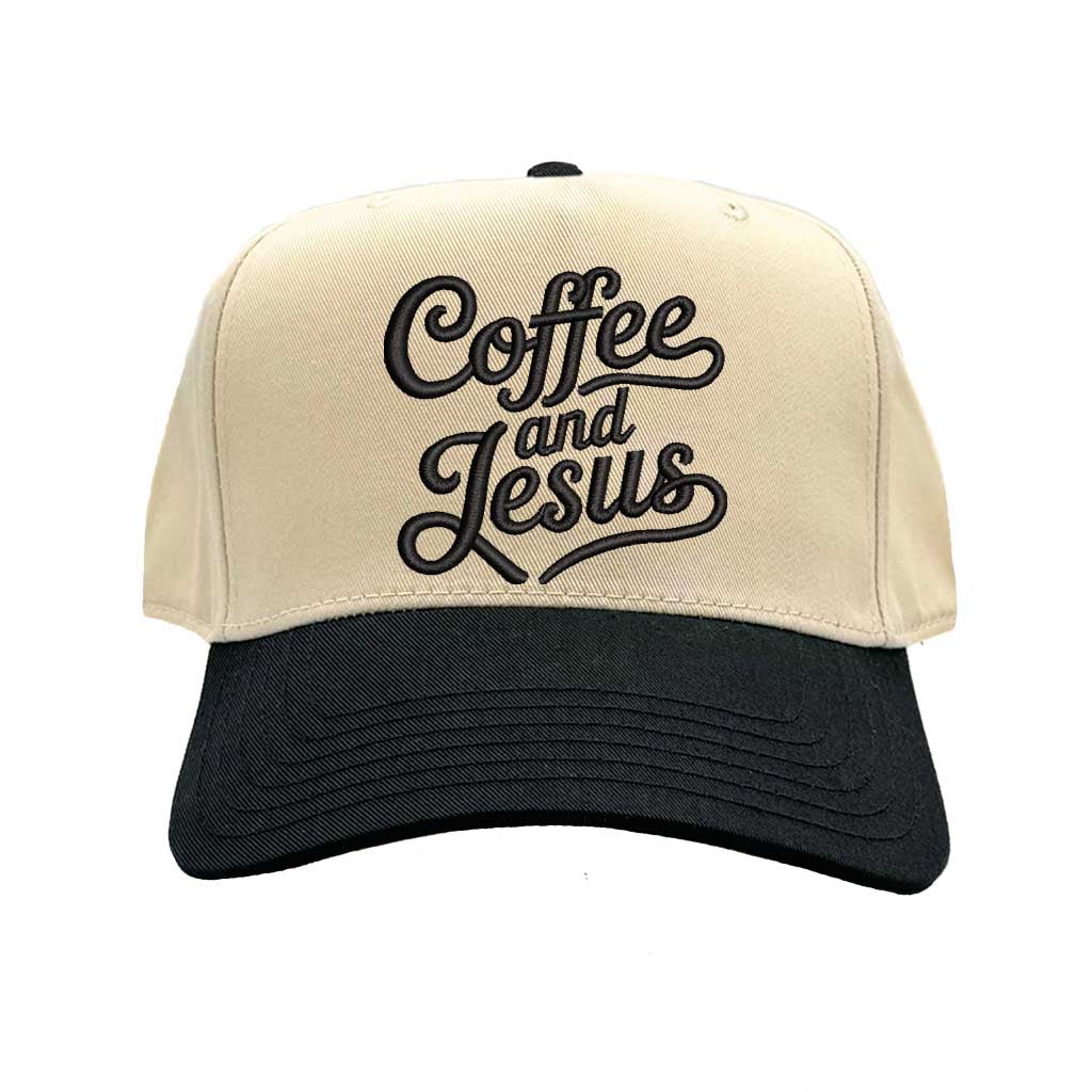 Natural Black high-quality DSY Lifestyle two-tone baseball hat with a neutral crown and contrast-colored bill, featuring the words Coffee and Jesus in detailed professional embroidery. - DSY Lifestyle