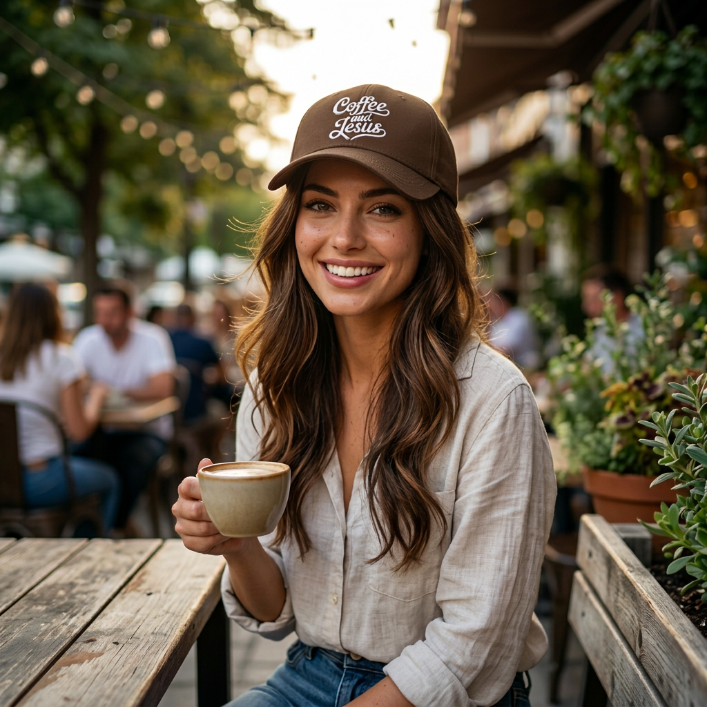 Female sitting outside of coffee shop wearing Brown cotton baseball hat with the words Coffee and Jesus embroidered in a clean, professional font across the front. - DSY Lifestyle