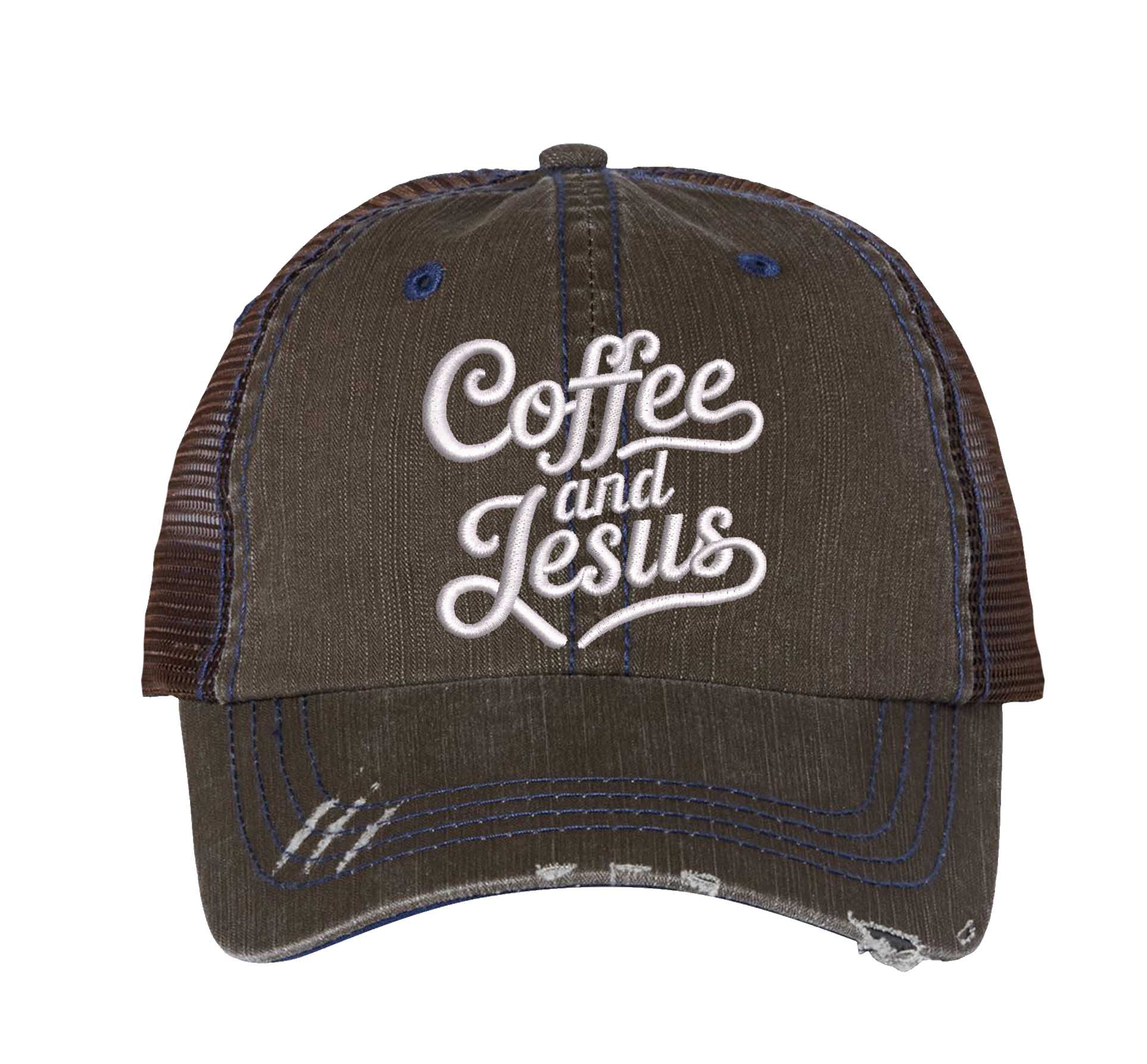 Brown Coffee and Jesus embroidered distressed trucker hat for women. Faith-inspired statement hat for casual outfits and everyday style. - DSY Lifestyle