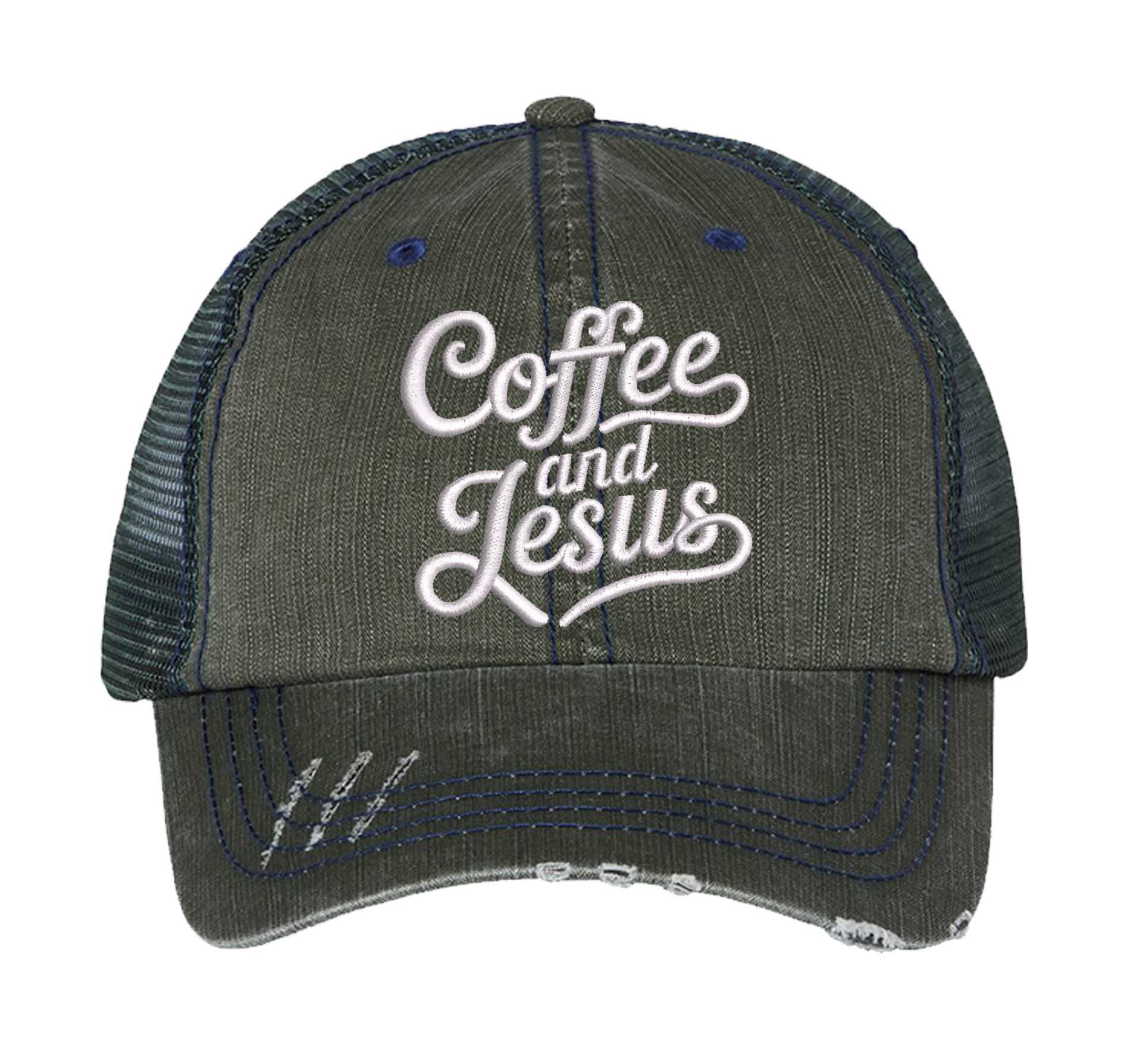 Dark Green Coffee and Jesus embroidered distressed trucker hat for women. Faith-inspired statement hat for casual outfits and everyday style. - DSY Lifestyle