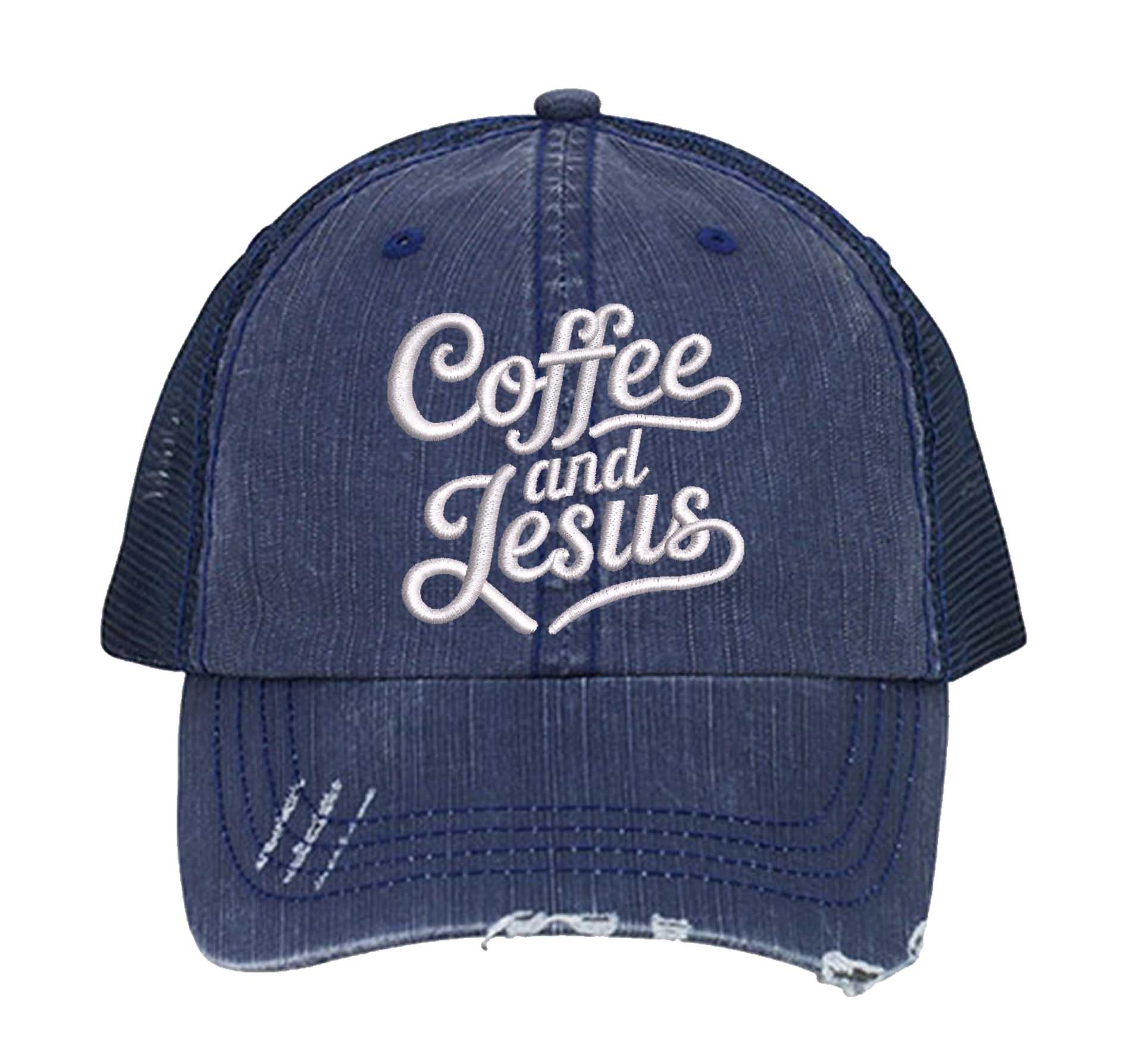 Navy Blue Coffee and Jesus embroidered distressed trucker hat for women. Faith-inspired statement hat for casual outfits and everyday style. - DSY Lifestyle