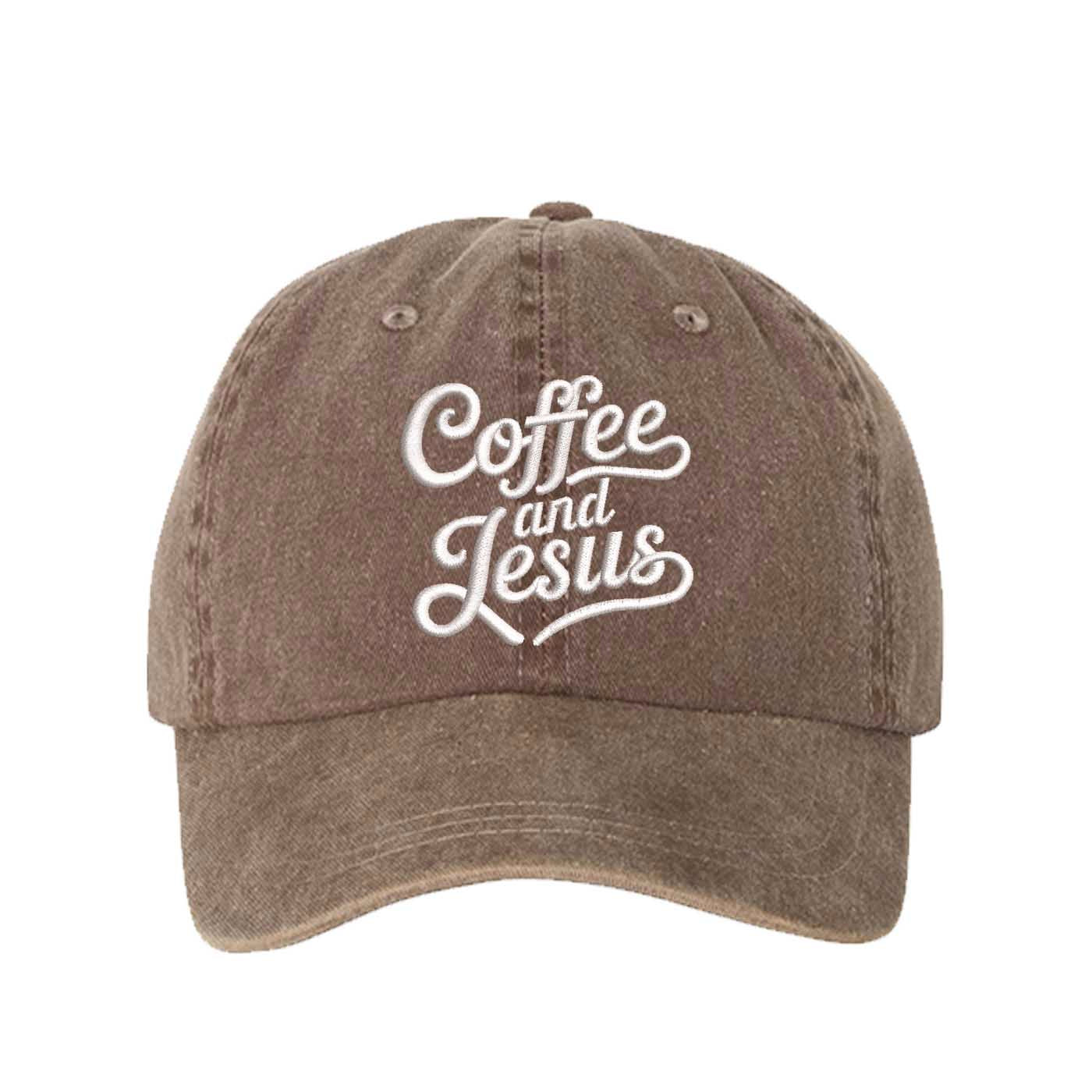 Chocolate Brown Coffee and Jesus washed cotton baseball hat with a soft finish and high-density white embroidery by DSY Lifestyle. - DSY Lifestyle