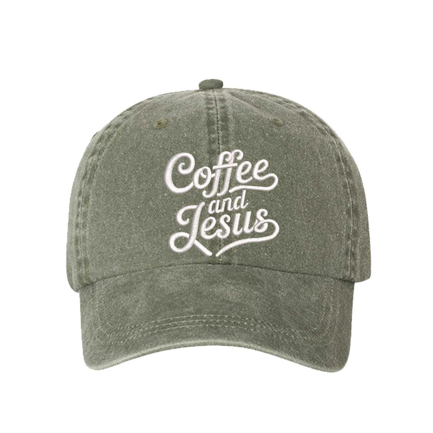 Olive Coffee and Jesus washed cotton baseball hat with a soft finish and high-density white embroidery by DSY Lifestyle. - DSY Lifestyle