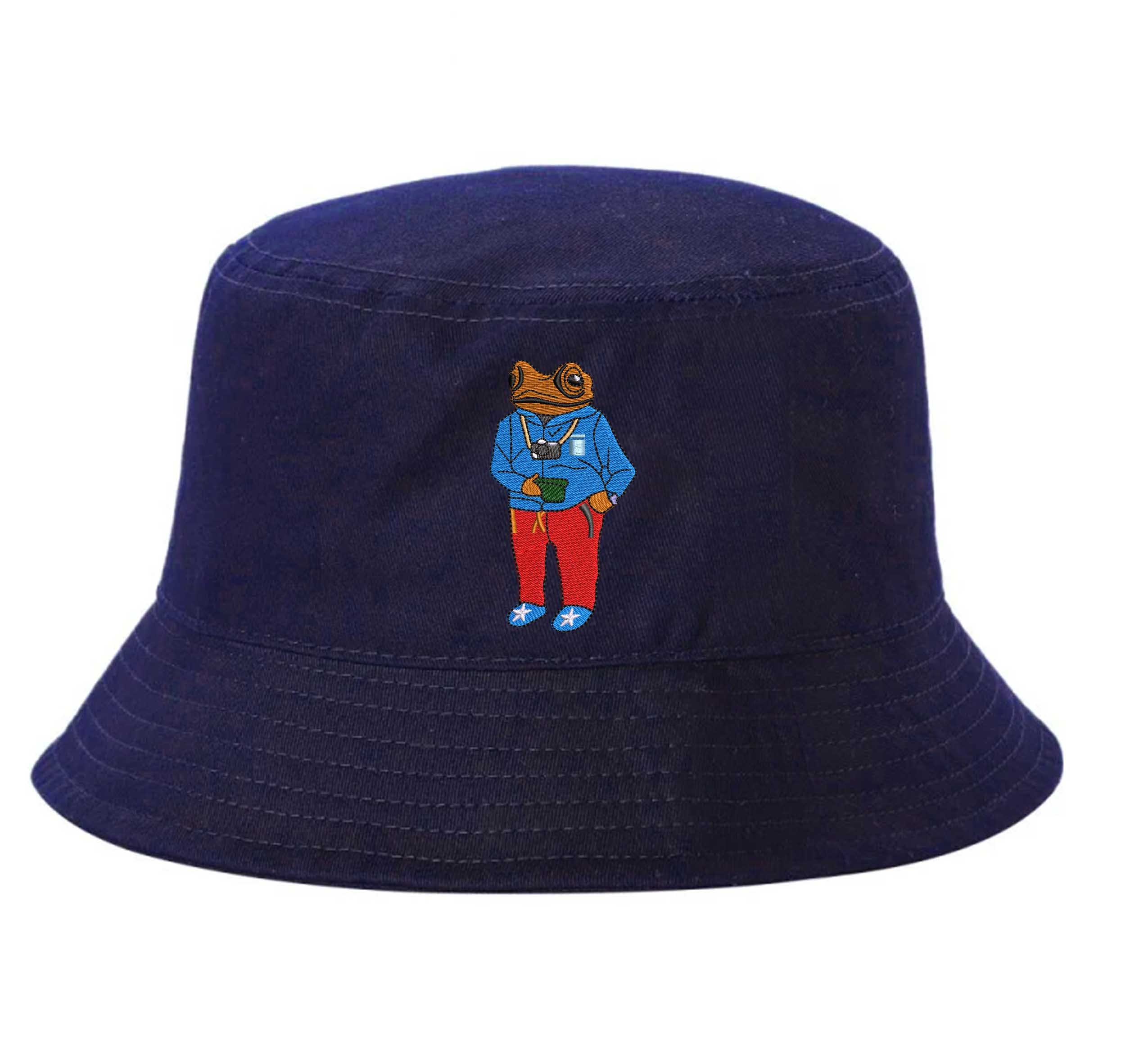 Navy Blue Front view of a 100% cotton bucket hat featuring a detailed Sapo Concho (Puerto Rican Crested Toad) in high-density embroidery on the center. - DSY Lifestyle