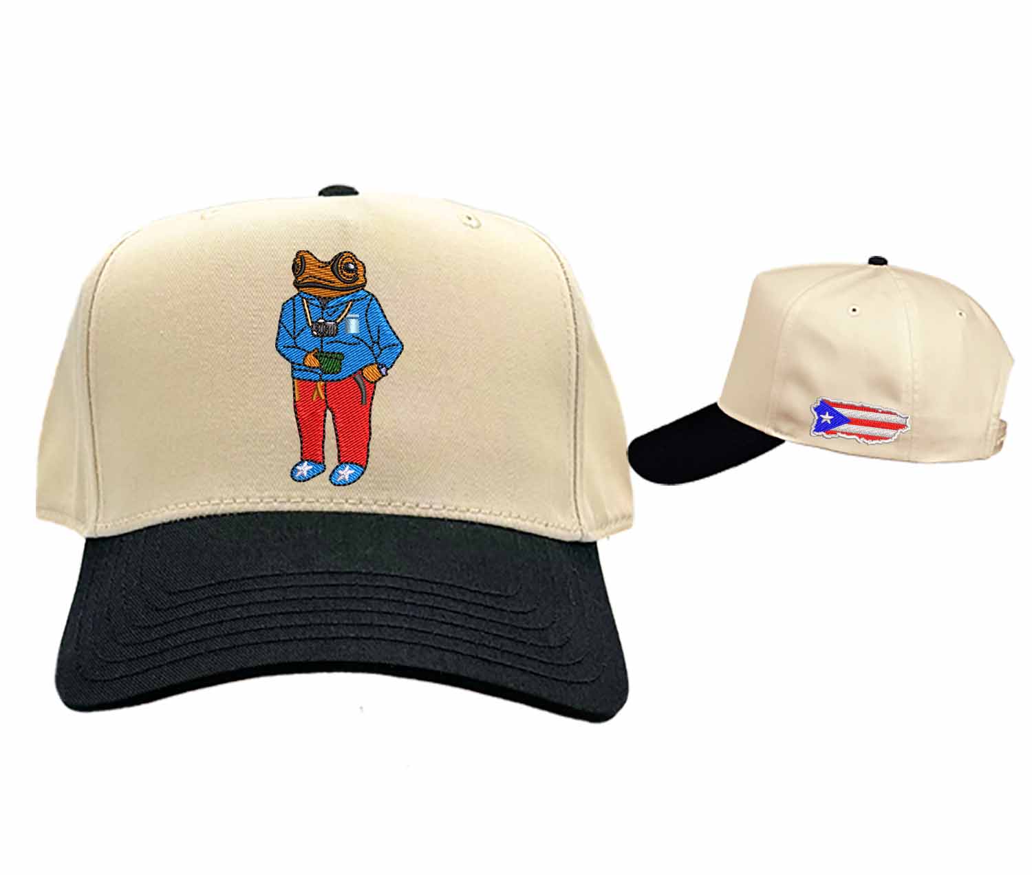 Embroidered Sapo Concho Puerto Rico Two Tone Natural/Black Baseball Hat with the Puerto Rico Flag on the side of the hat - DSY Lifestyle