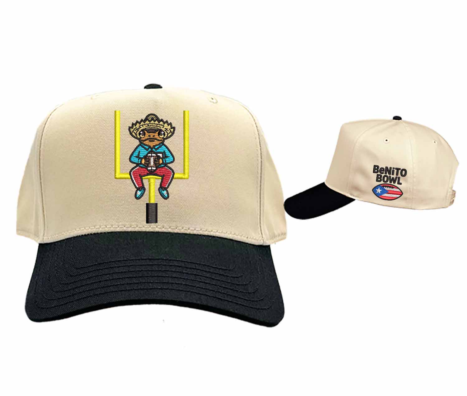 Natural Black with side view logo Benito Bowl Sapo Concho Coqui Football Half Time Show embroidered two-tone baseball hat – Puerto Rican gameday cap - DSY Lifestyle