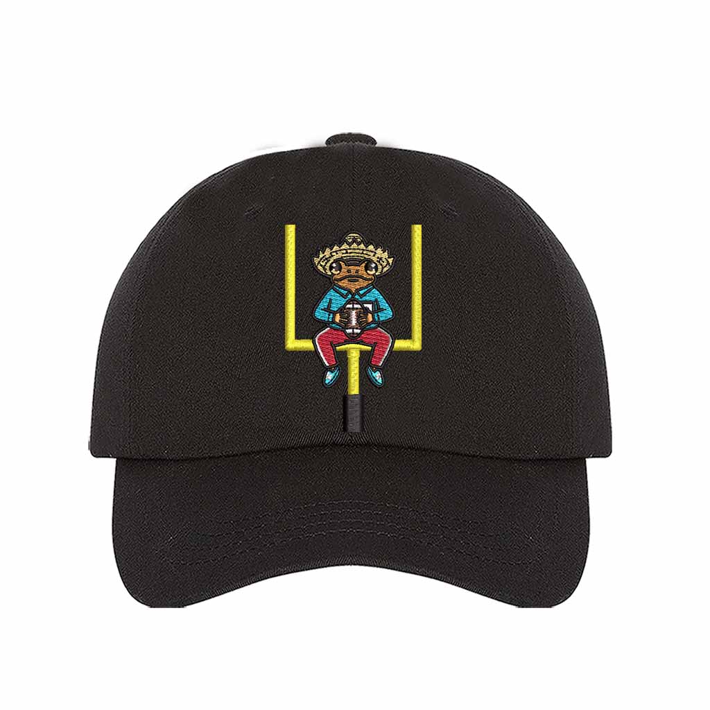 Brown Sapo Concho Coqui Football Half Time Show Embroidered Baseball Hat featuring Puerto Rican cultural embroidery with adjustable hook and loop and breathable cotton fabric – DSY Lifestyle