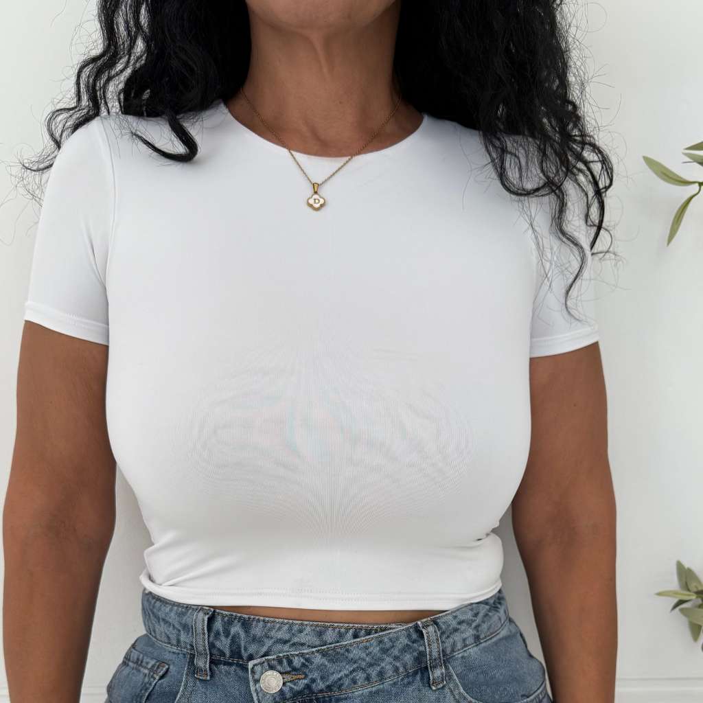 Close up of female wearing a crew neck double layer crop top in white- DSY Lifestyle