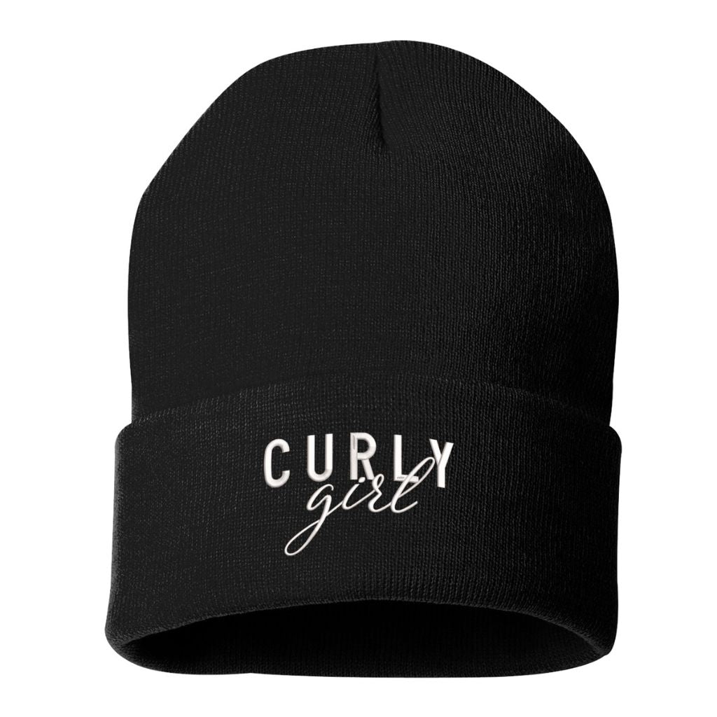 Black beanie embroidered with the phrase curly girl-DSY Lifestyle