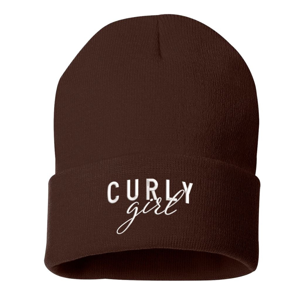 Brown beanie embroidered with the phrase curly girl-DSY Lifestyle