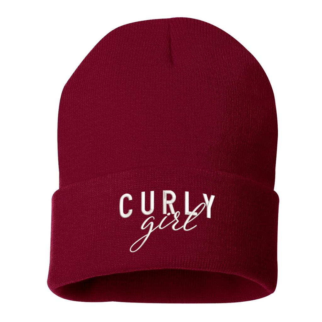 Burgundy beanie embroidered with the phrase curly girl-DSY Lifestyle