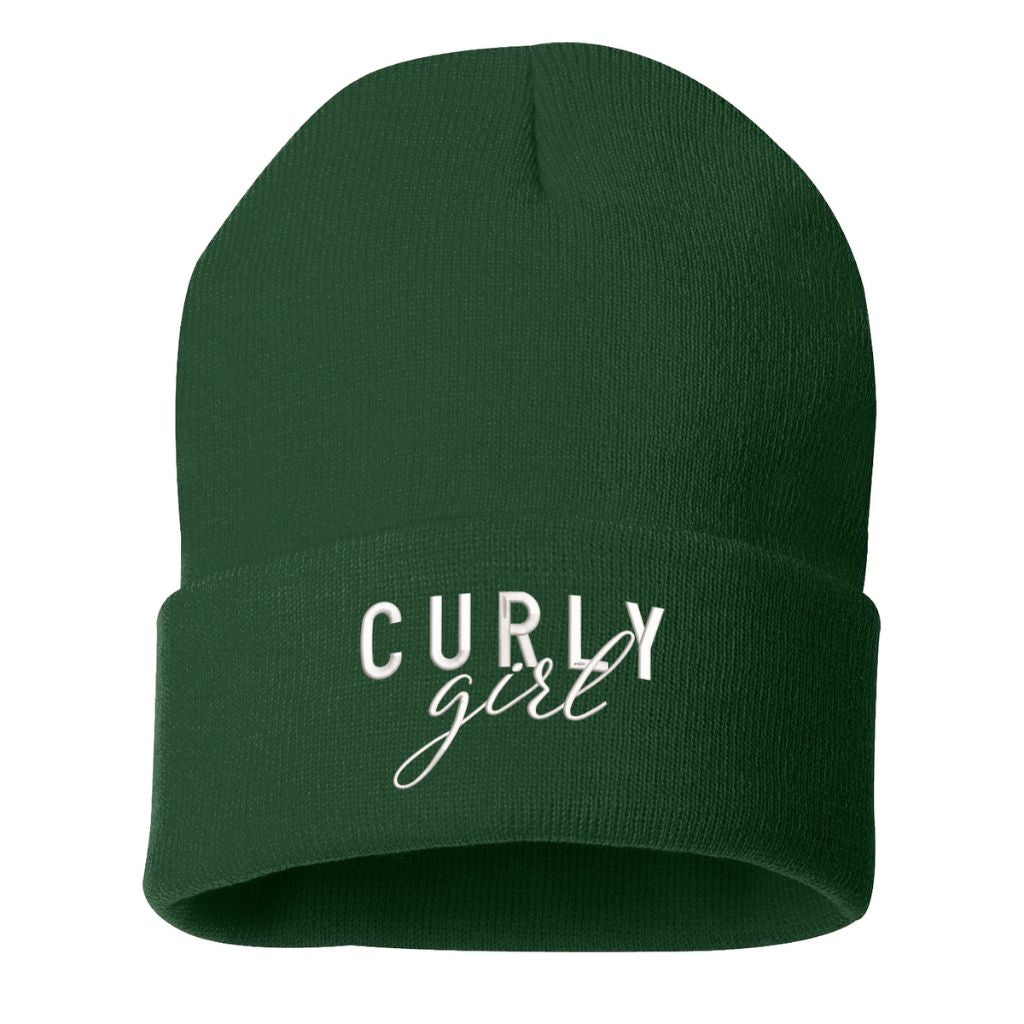 Forest Green beanie embroidered with the phrase curly girl-DSY Lifestyle