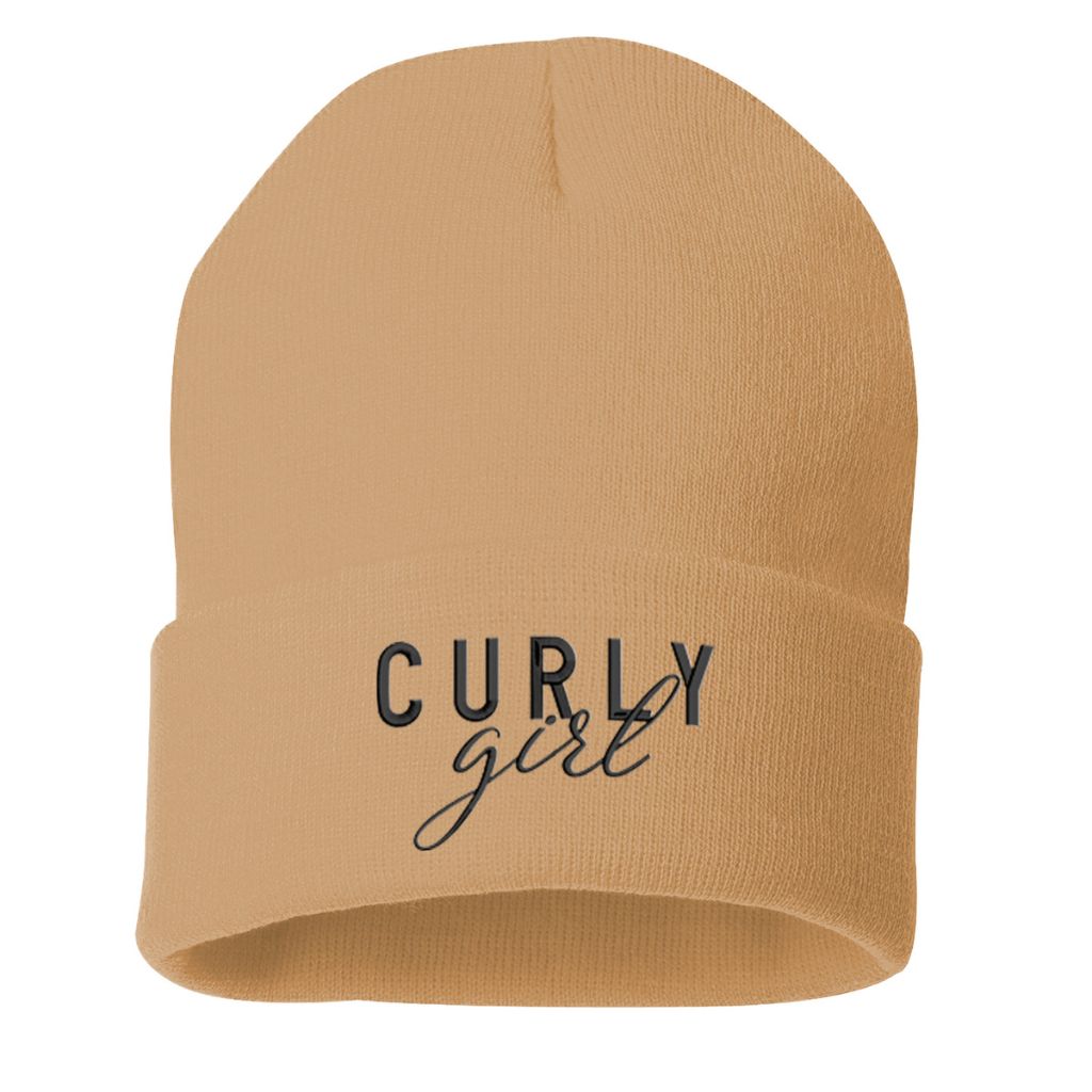 Khaki beanie embroidered with the phrase curly girl-DSY Lifestyle