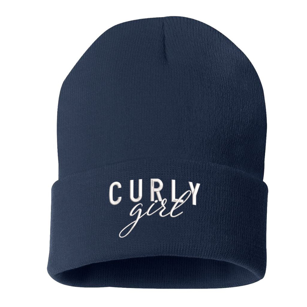 Navy beanie embroidered with the phrase curly girl-DSY Lifestyle